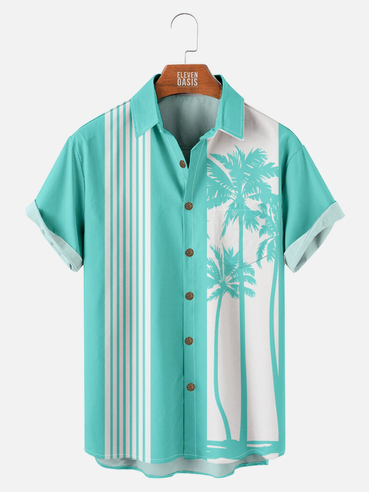 Men's Palm Trees Striped Bowling Short Sleeve Shirt Eleven Oasis