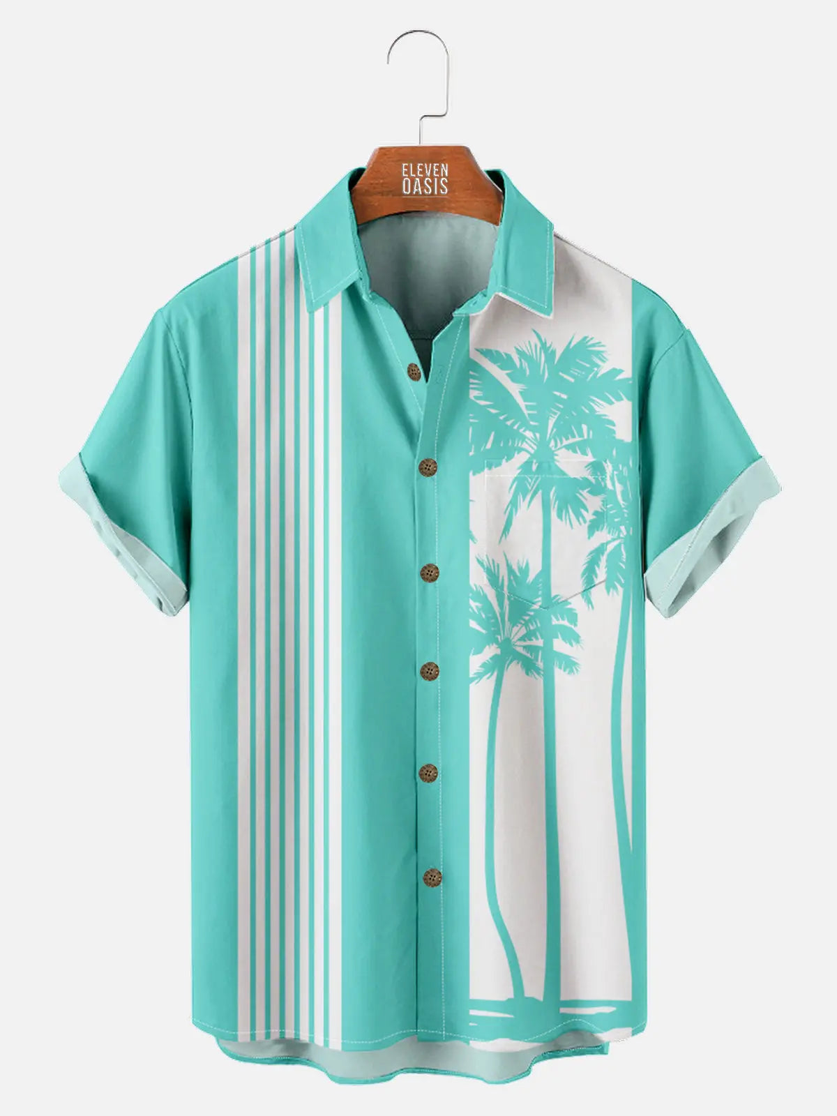 Men's Palm Trees Striped Bowling Short Sleeve Shirt ElevenOasis