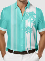 Tall Men's Palm Trees Striped Bowling Short Sleeve Shirt Eleven Oasis