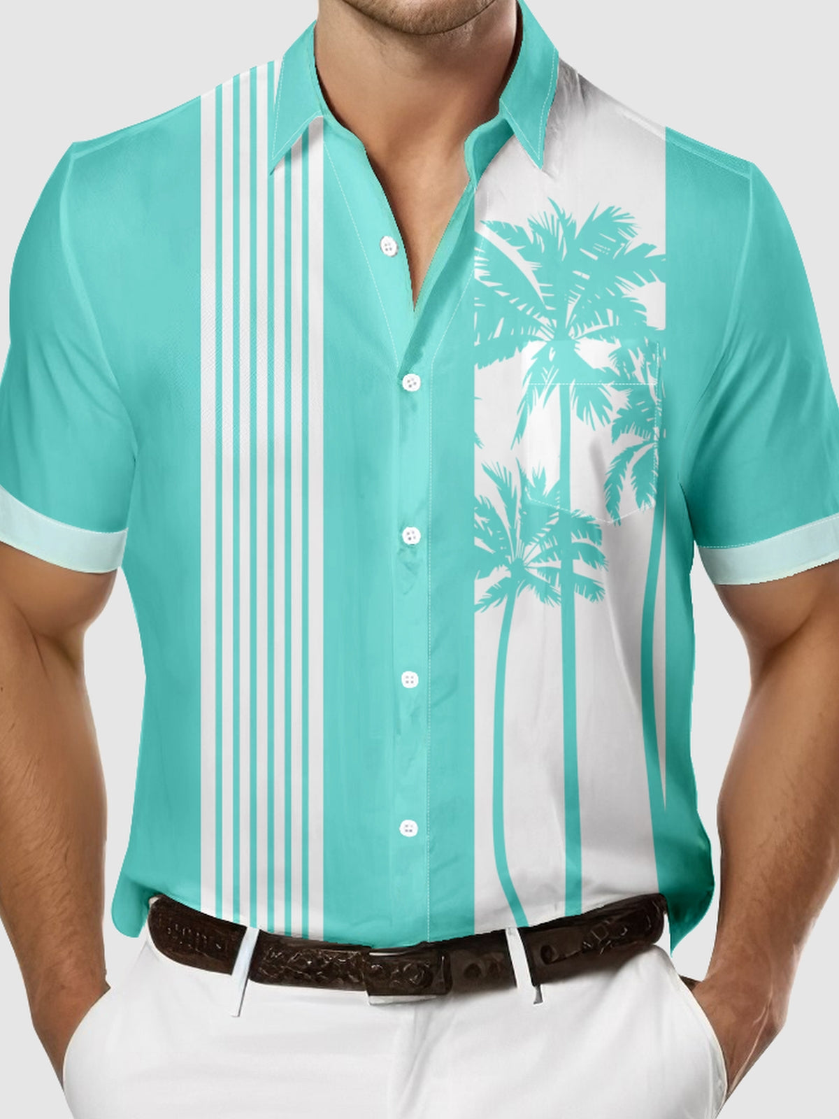 Tall Men's Palm Trees Striped Bowling Short Sleeve Shirt Eleven Oasis