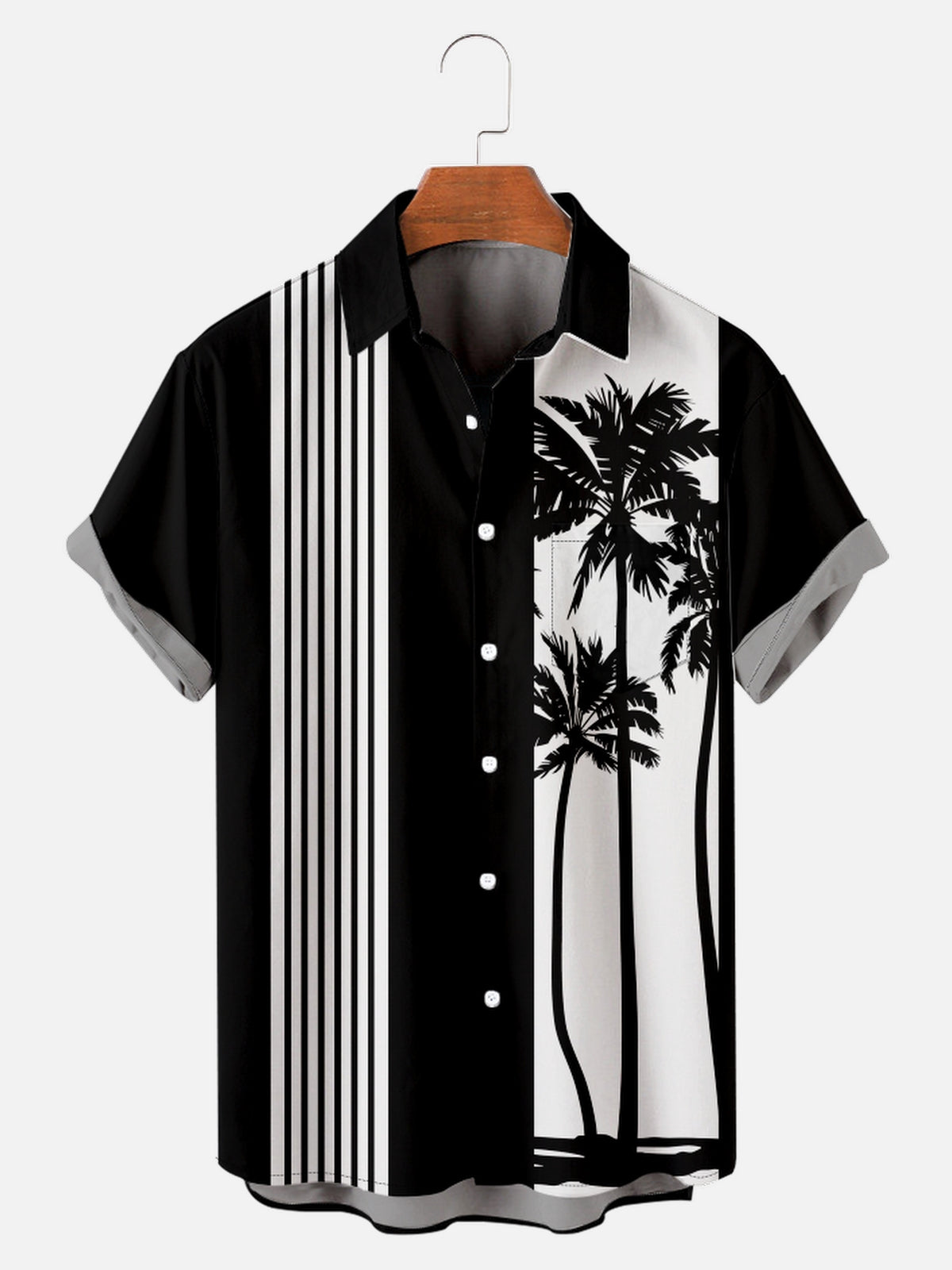 Men's Palm Trees Striped Bowling Short Sleeve Shirt Eleven Oasis