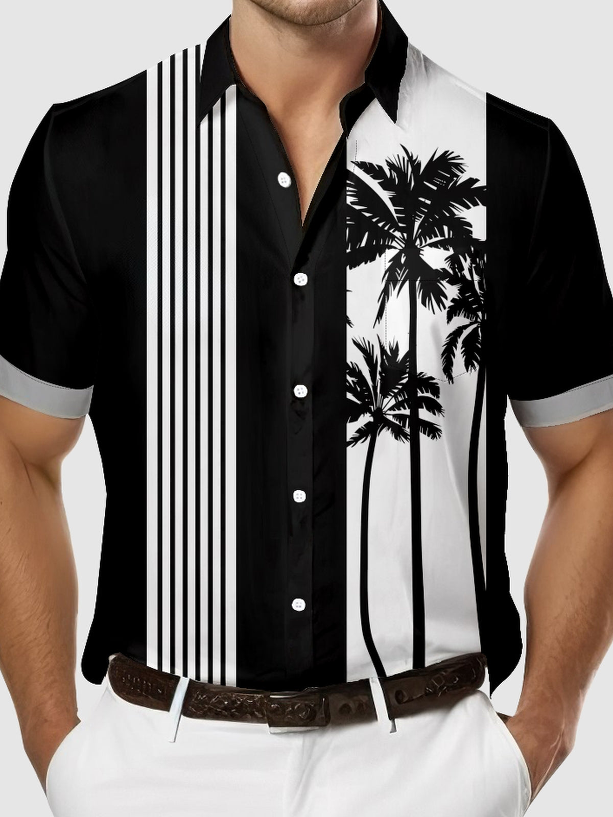 Men's Palm Trees Striped Bowling Short Sleeve Shirt Eleven Oasis
