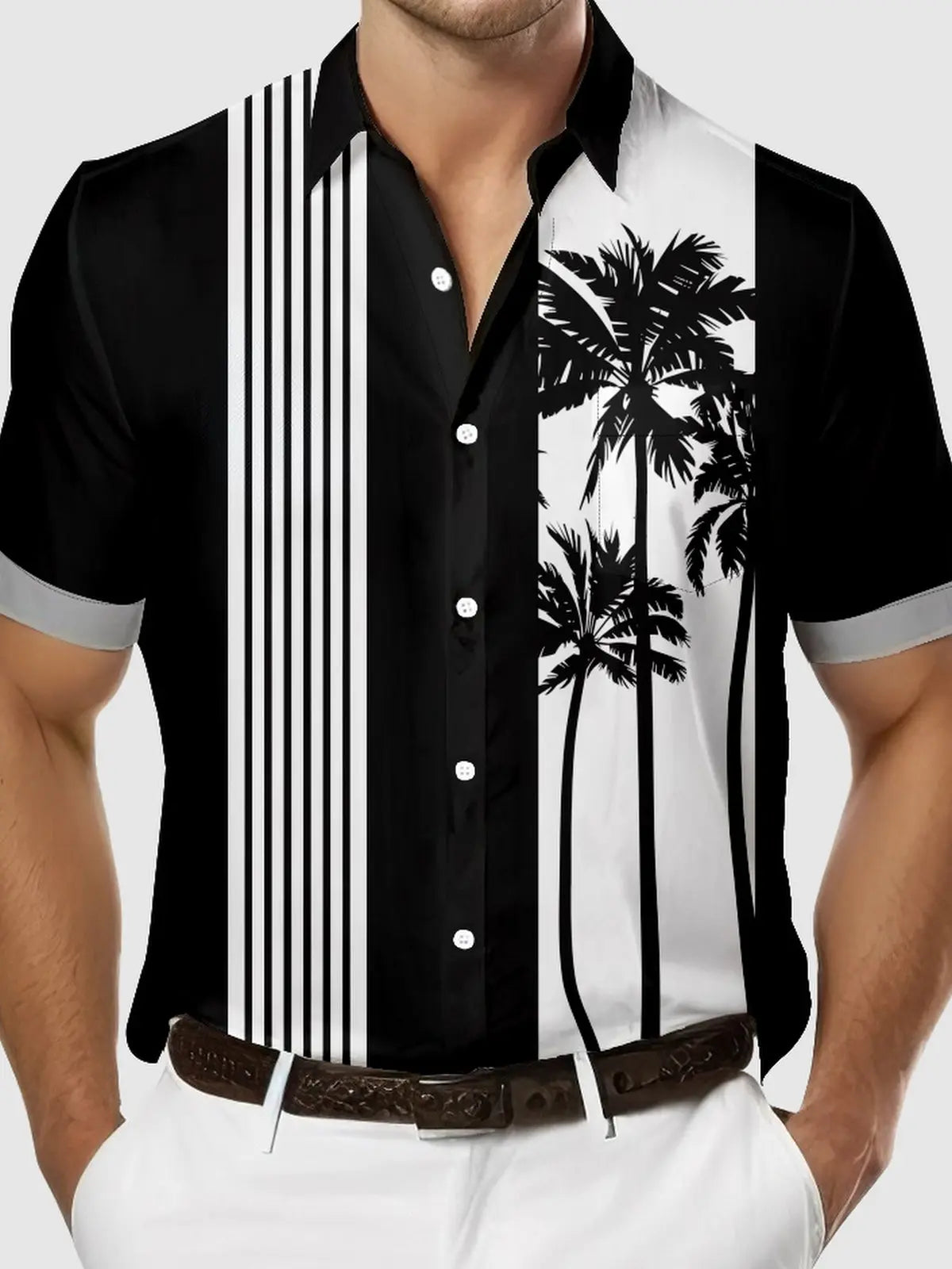 Men's Palm Trees Striped Bowling Short Sleeve Shirt ElevenOasis