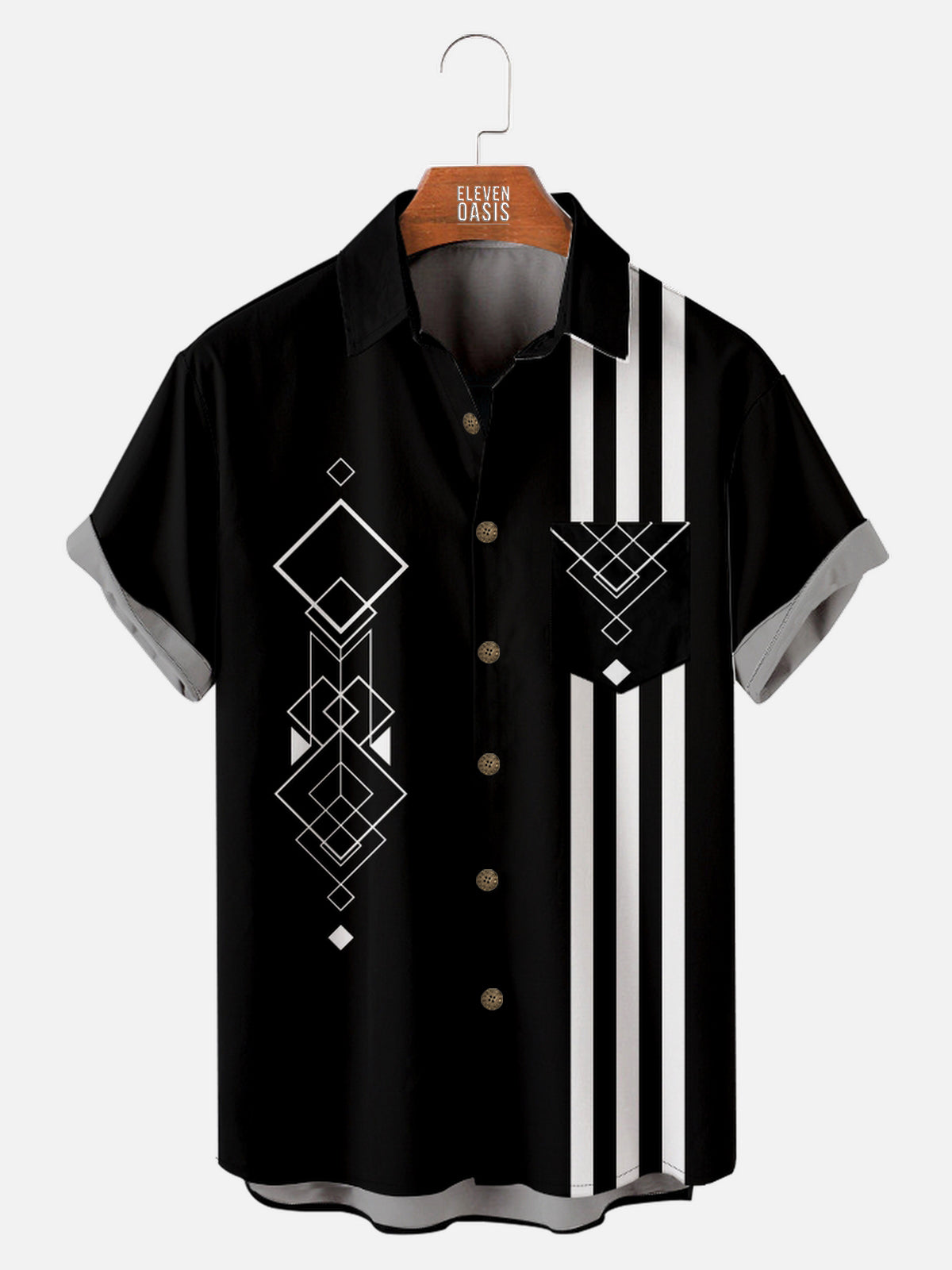 Men's Geometric Pattern and Stripes Bowling Short Sleeve Shirt Eleven Oasis
