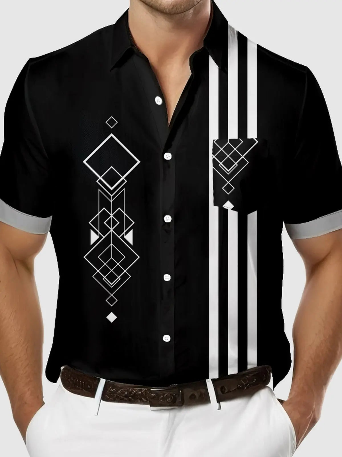 Men's Art Deco Geometric Bowling Short Sleeve Shirt Eleven Oasis