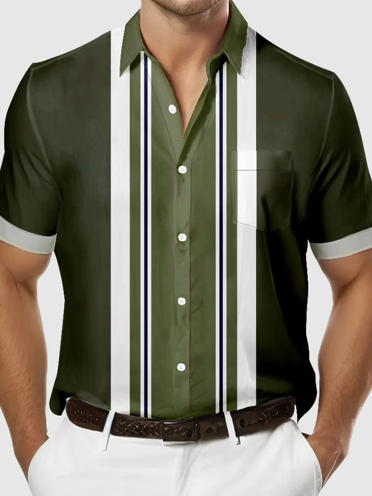 Men's Military-Inspired Striped Bowling Short Sleeve Shirt Eleven Oasis