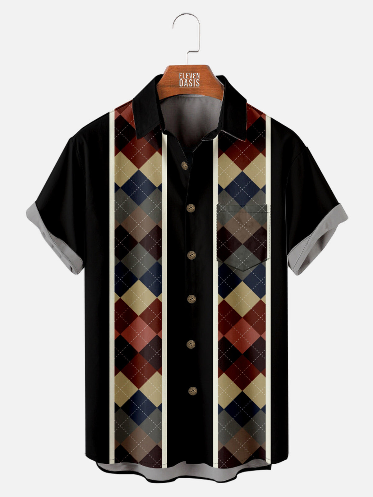 Men's Stylish Bowling Shirt with Checkered Print Short Sleeve Shirt Eleven Oasis