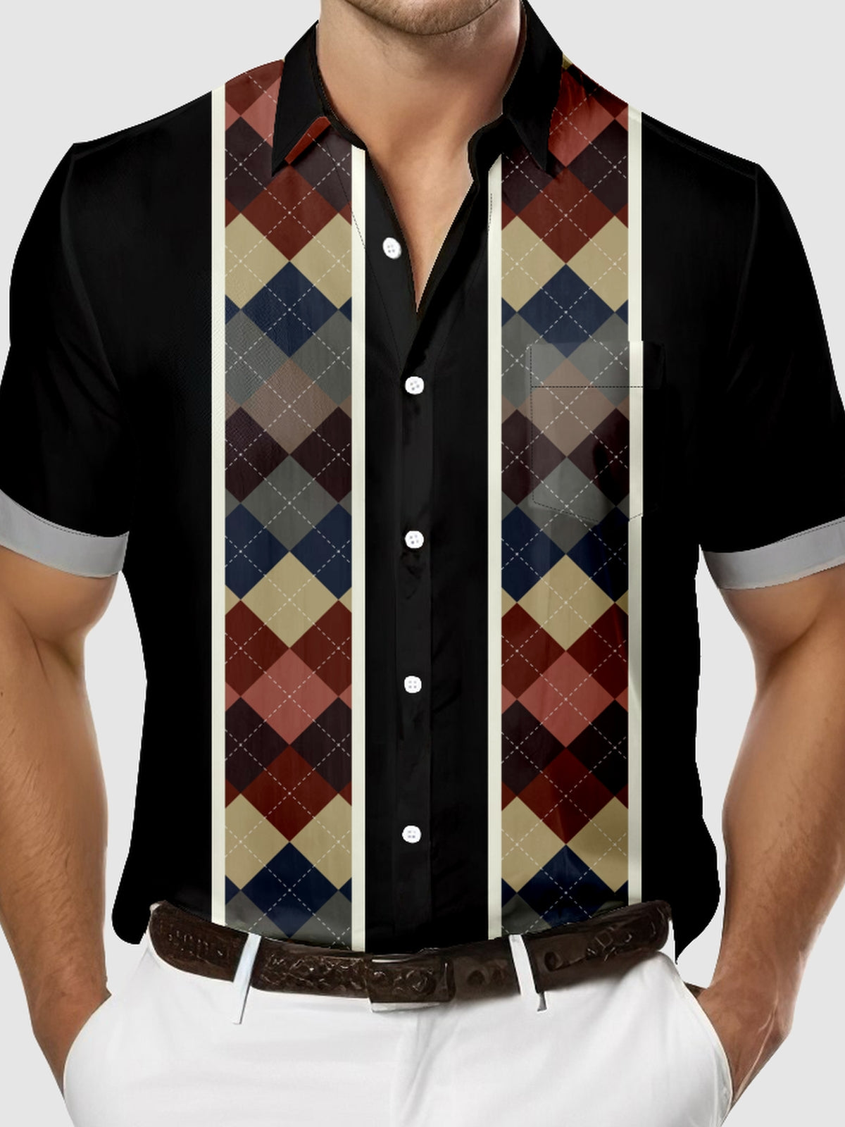 Men's Stylish Bowling Shirt with Checkered Print Short Sleeve Shirt Eleven Oasis