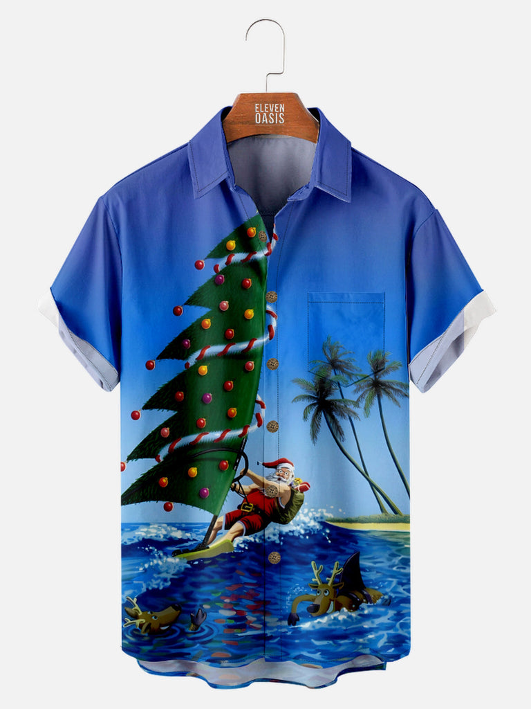 Men's Christmas Santa Surfing Short Sleeve Shirt Eleven Oasis