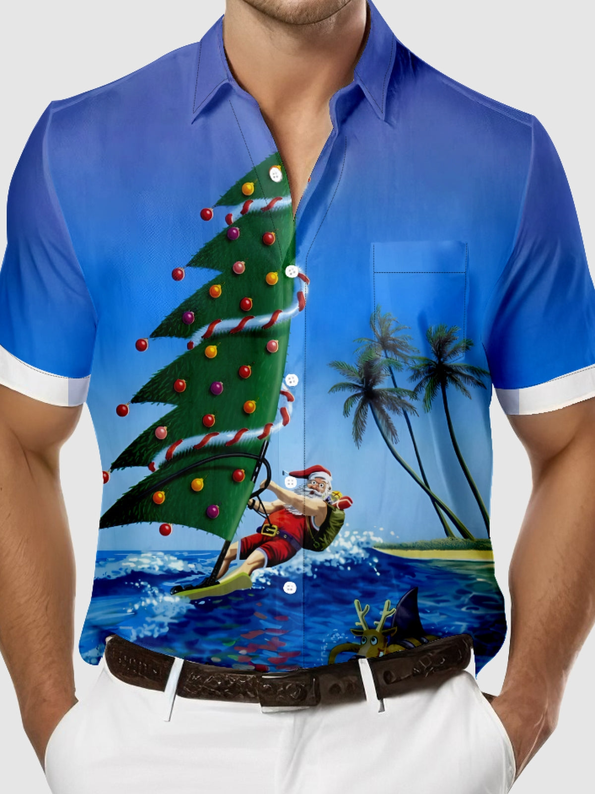 Men's Christmas Santa Surfing Short Sleeve Shirt Eleven Oasis