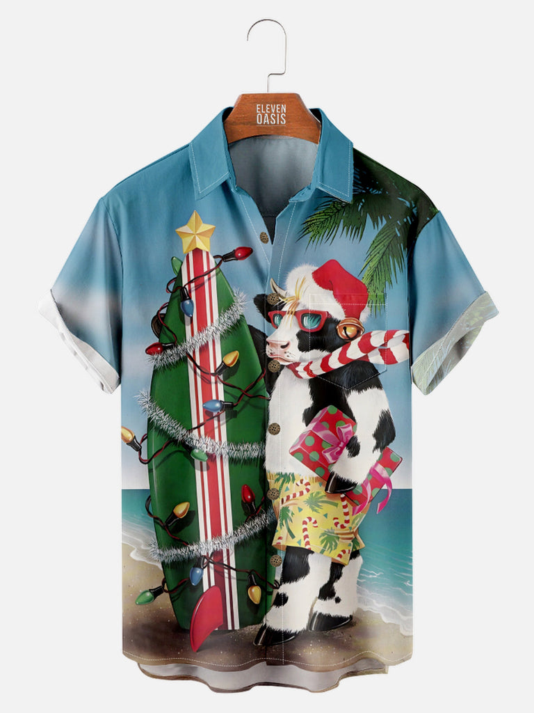 Men's Christmas Surfboard Cow Short Sleeve Shirt Eleven Oasis