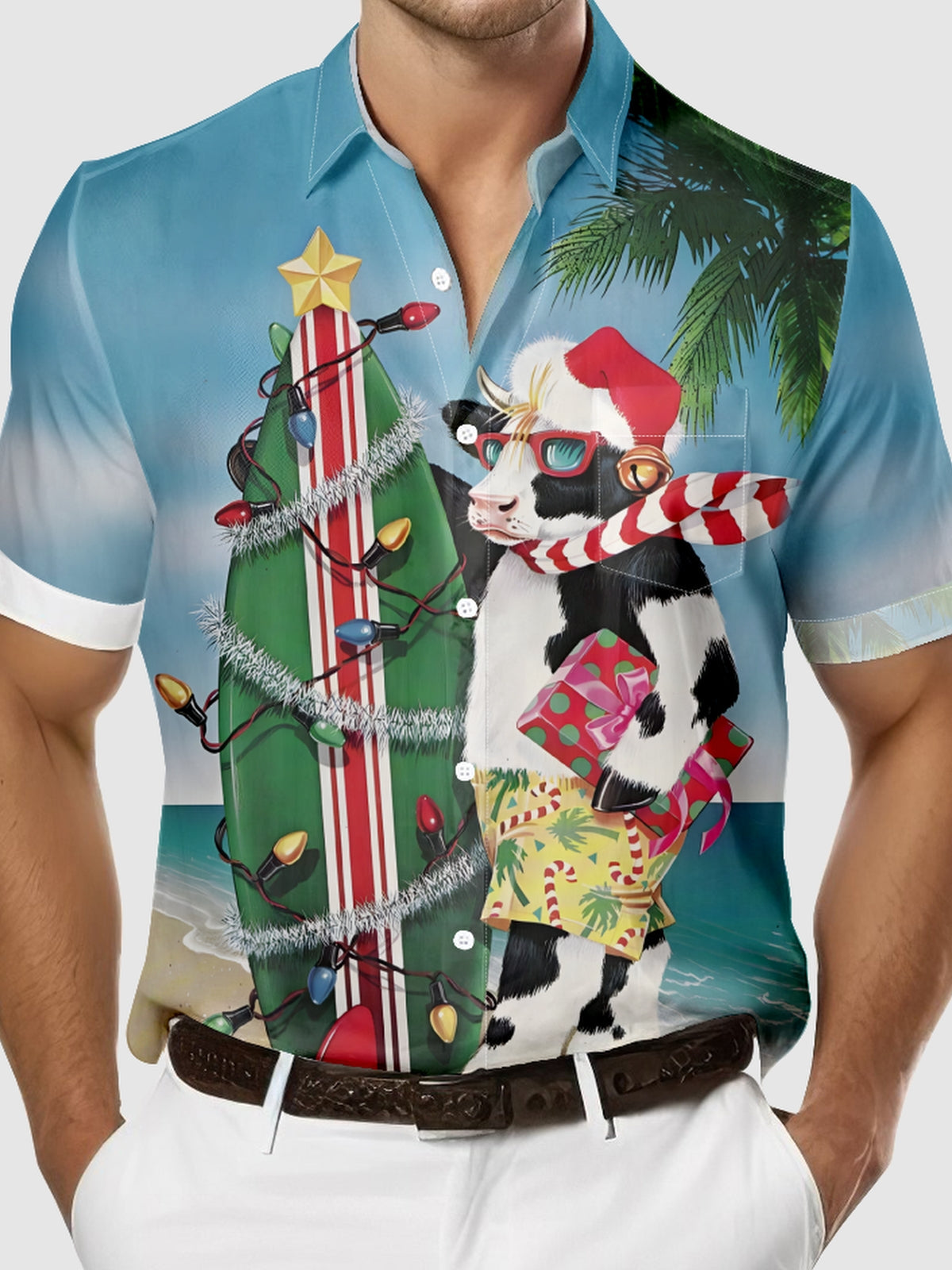 Men's Christmas Surfboard Cow Short Sleeve Shirt Eleven Oasis