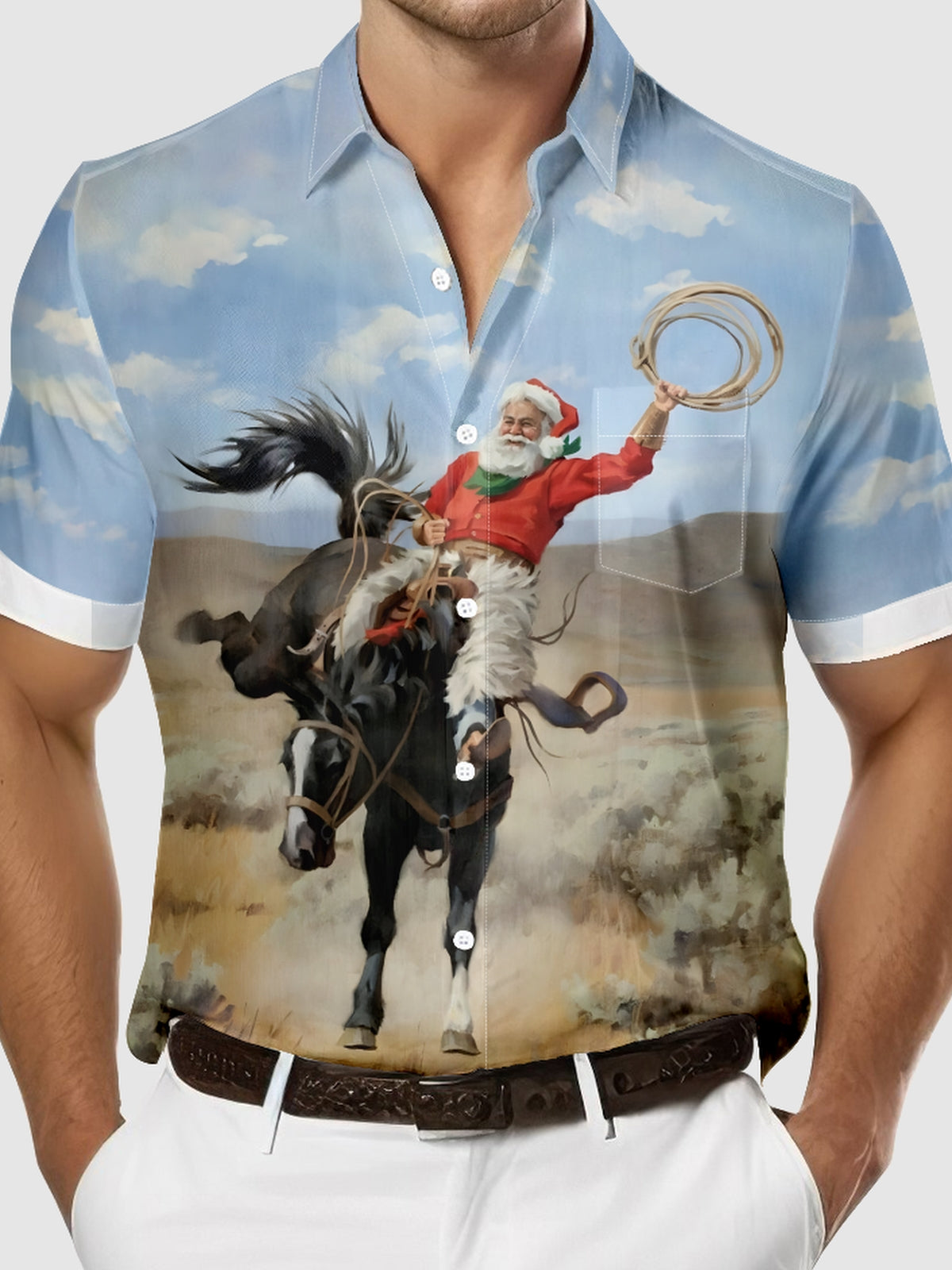 Men's Christmas Santa Cowboy Short Sleeve Shirt Eleven Oasis