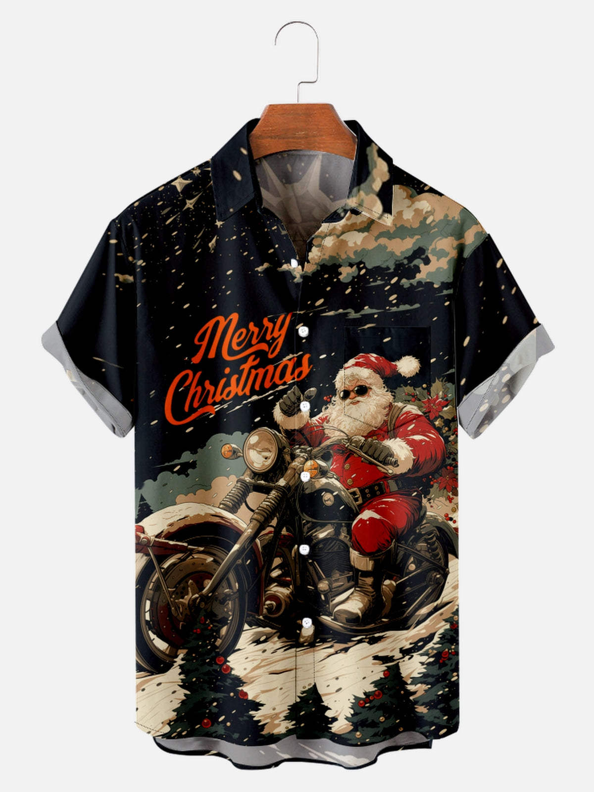 Men's Christmas Santa Riding Motorbike Short Sleeve Shirt Eleven Oasis