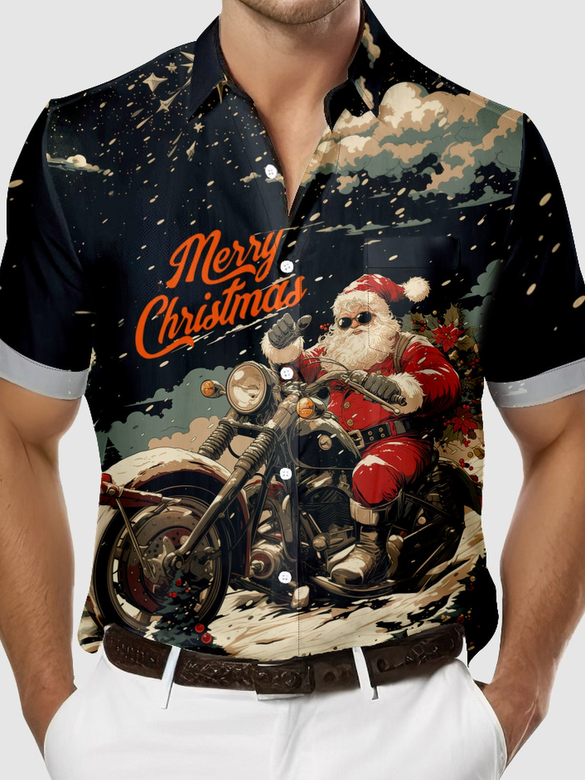 Men's Christmas Santa Riding Motorbike Short Sleeve Shirt Eleven Oasis