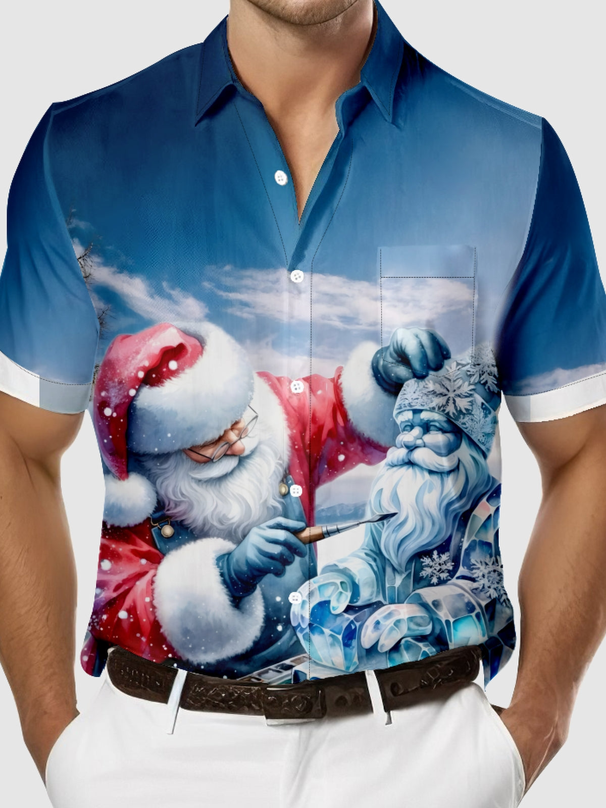 Men's Christmas Santa Ice Sculpture Short Sleeve Shirt Eleven Oasis