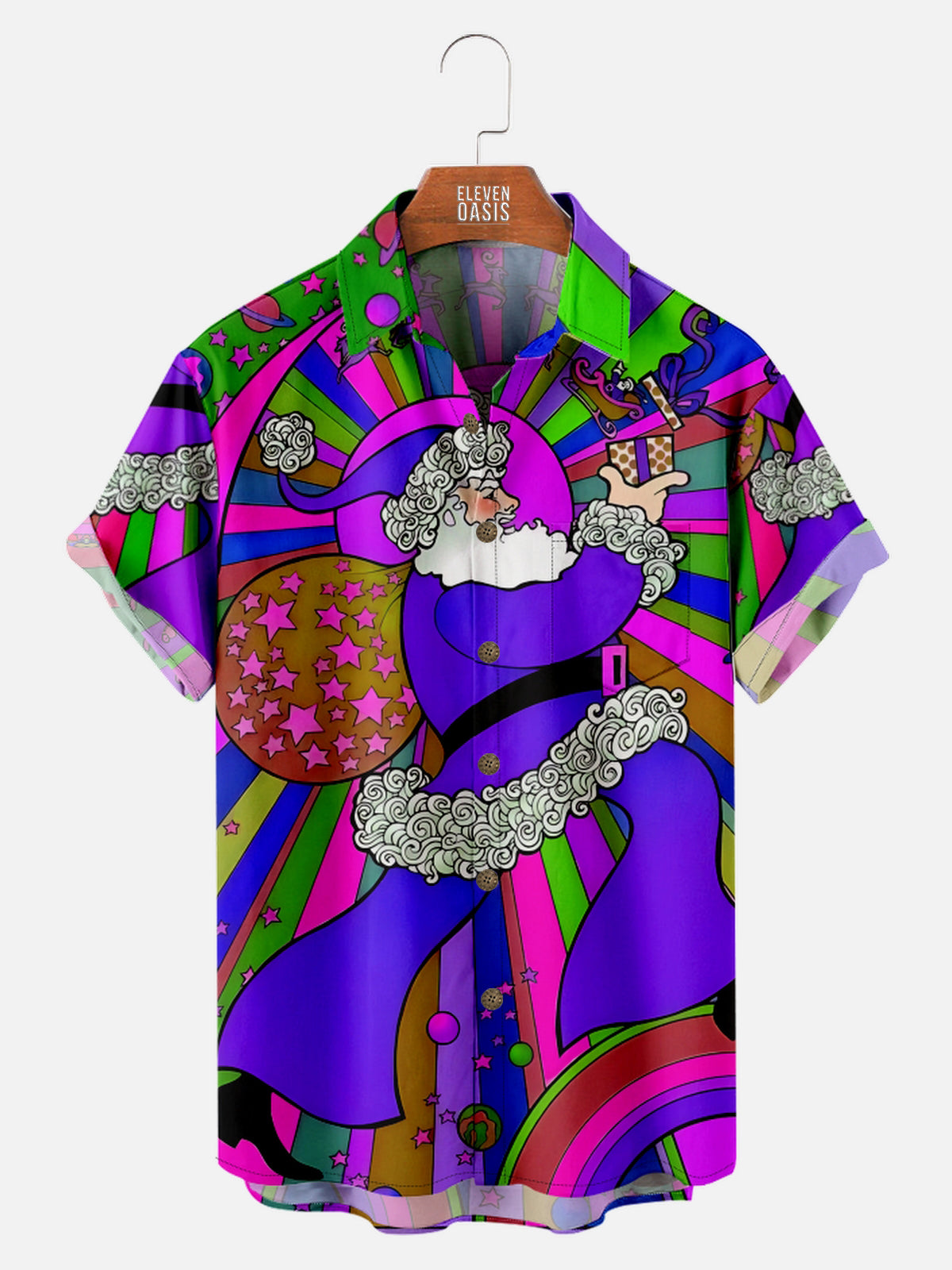 Psychedelic 70s Inspired Santa Art Short Sleeve Shirt ElevenOasis
