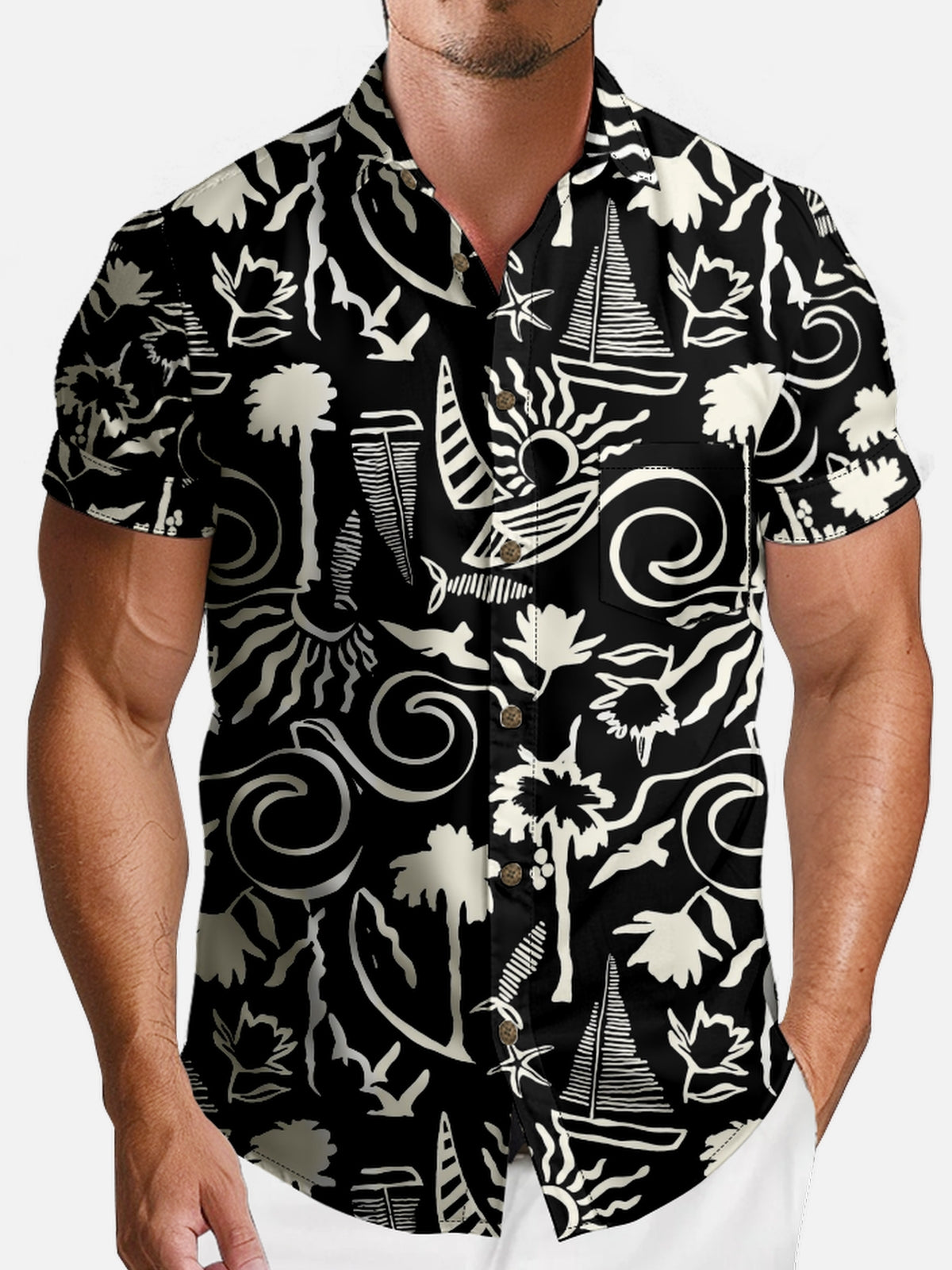 Men's Monochrome Floral Short Sleeve Shirt Eleven Oasis