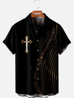 Men's Black Cross and Gold Lines Short Sleeve Shirt Eleven Oasis