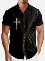 Men's Black Cross and Gold Lines Short Sleeve Shirt Eleven Oasis