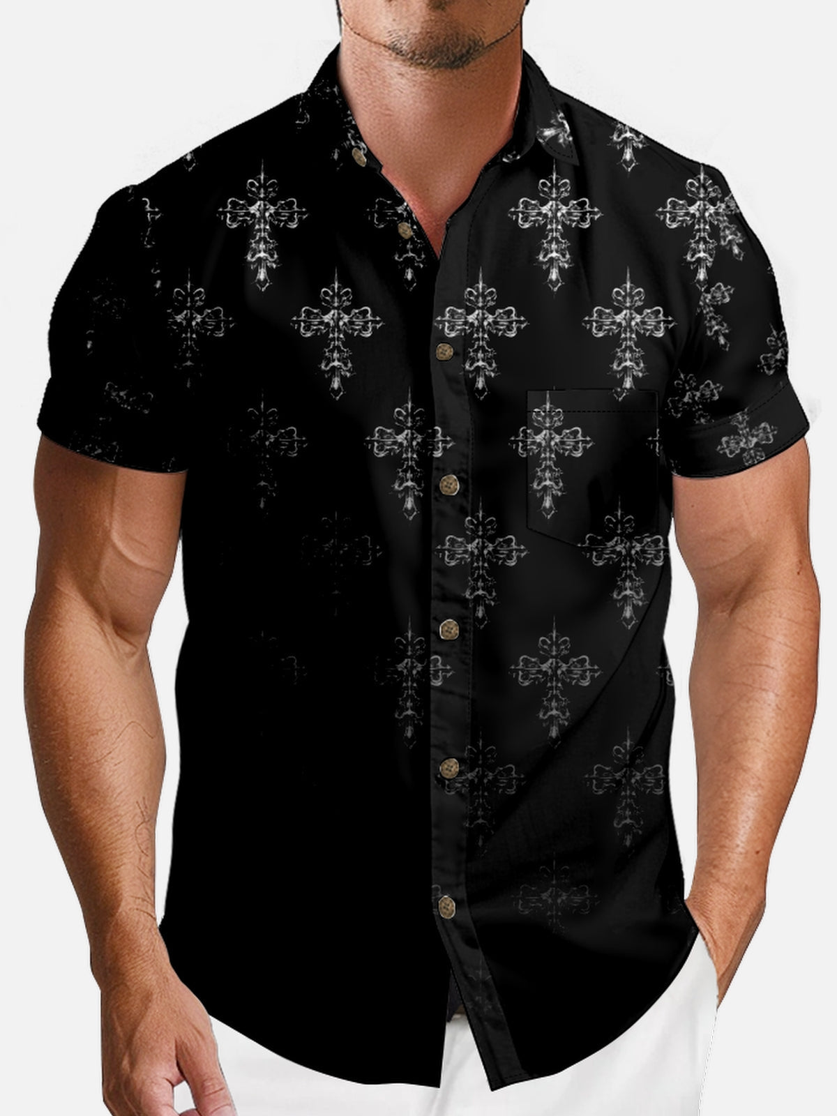 Men's Allover Cross Print Short Sleeve Shirt