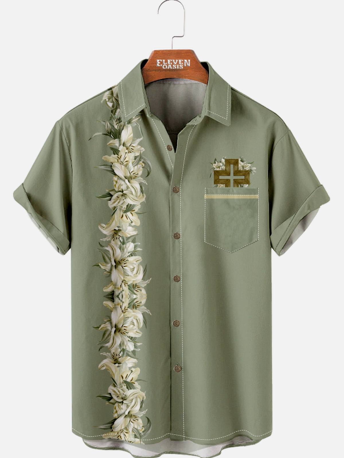 Men's Olive Green Lily and Cross Short Sleeve Shirt Eleven Oasis