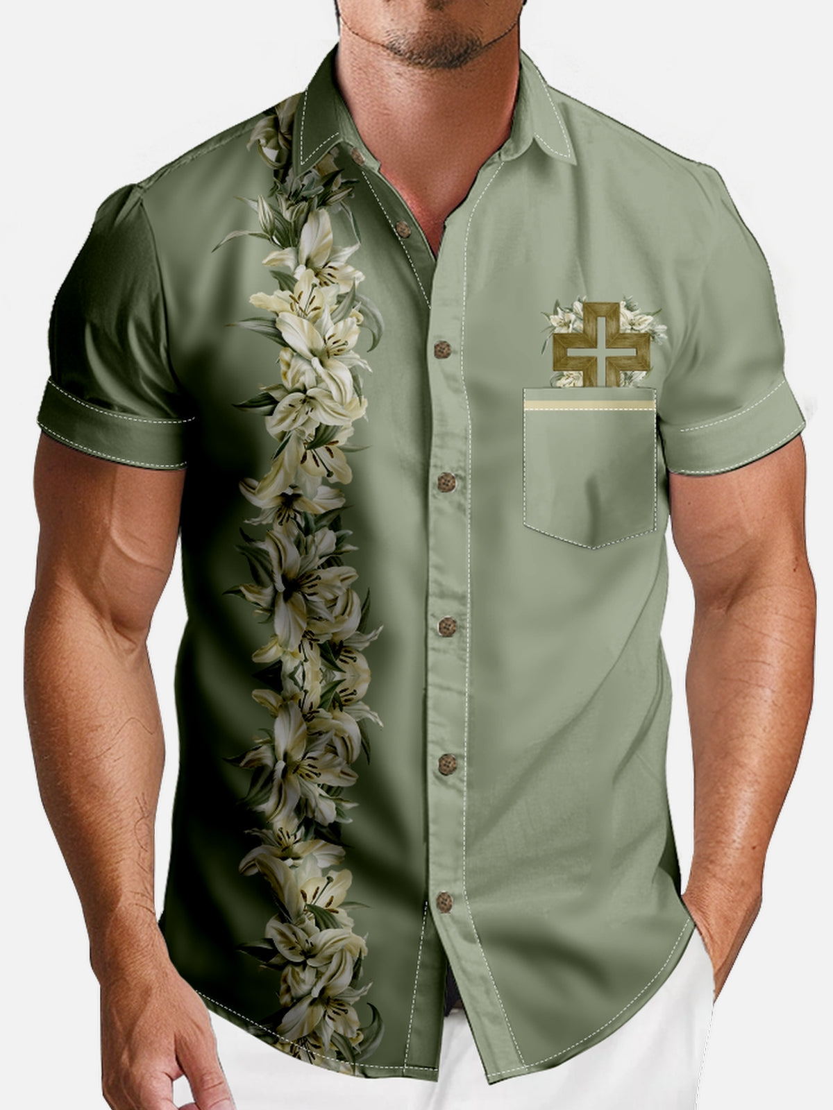 Men's Olive Green Lily and Cross Short Sleeve Shirt Eleven Oasis
