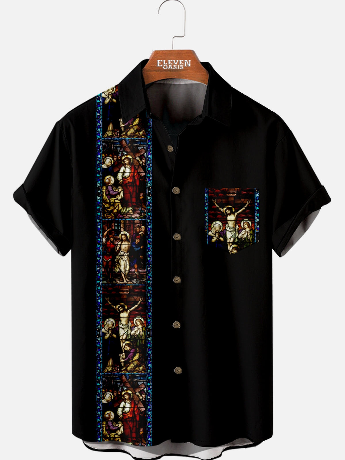 Men's Stained Glass Crucifixion Short Sleeve Shirt Eleven Oasis