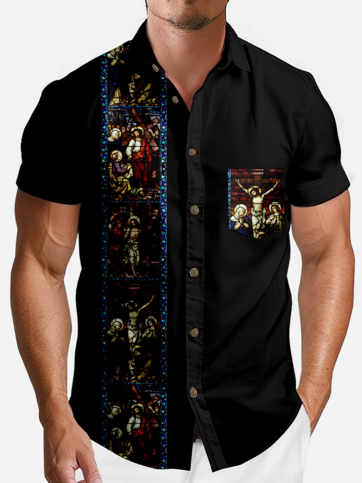 Men's Stained Glass Crucifixion Short Sleeve Shirt Eleven Oasis