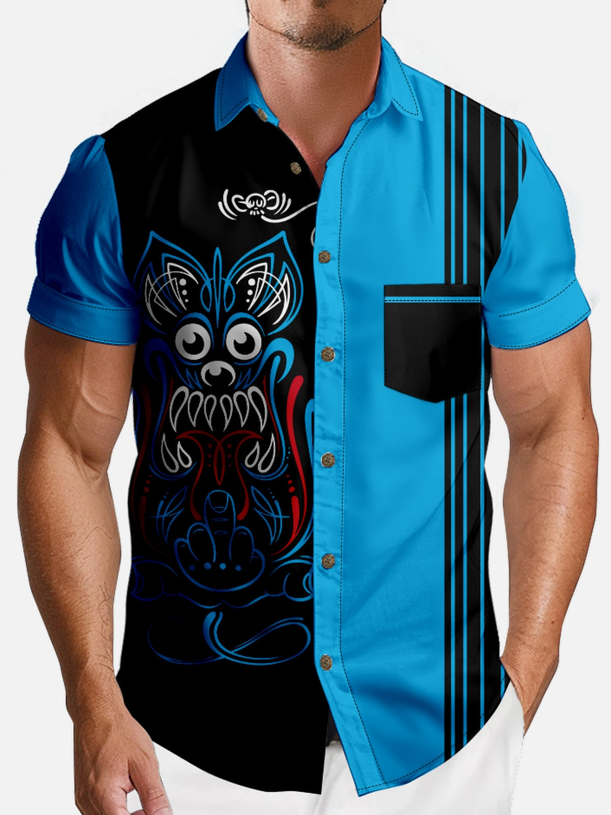 Men's Blue and Black Warrior Mask Short Sleeve Shirt Eleven Oasis
