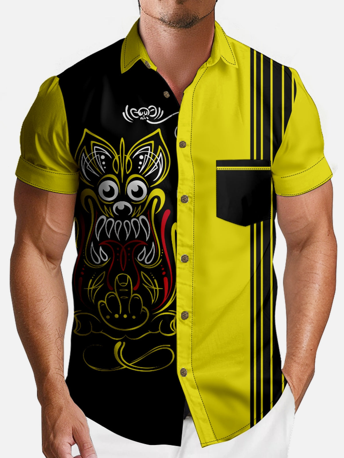 Men's Yellow and Black Masked Warrior Short Sleeve Shirt Eleven Oasis