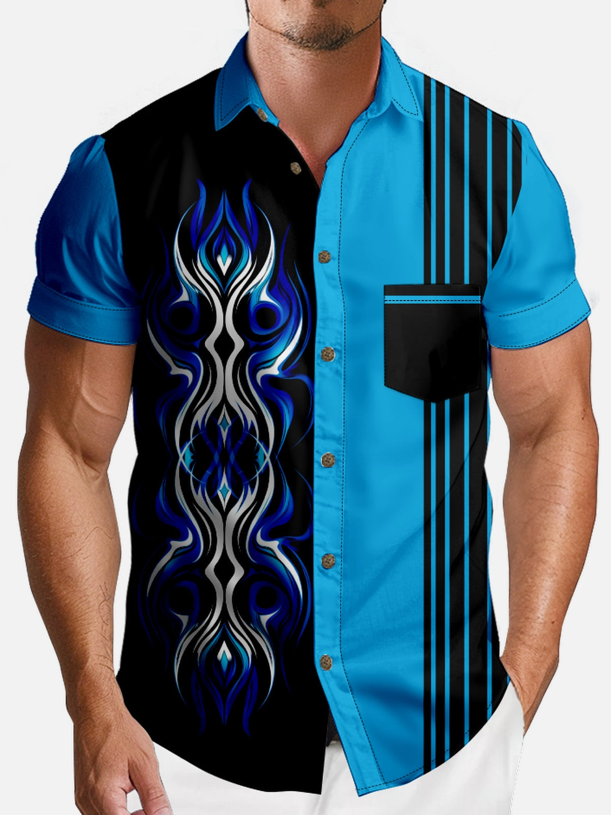 Men's Blue Flame Stripe Short Sleeve Shirt Eleven Oasis