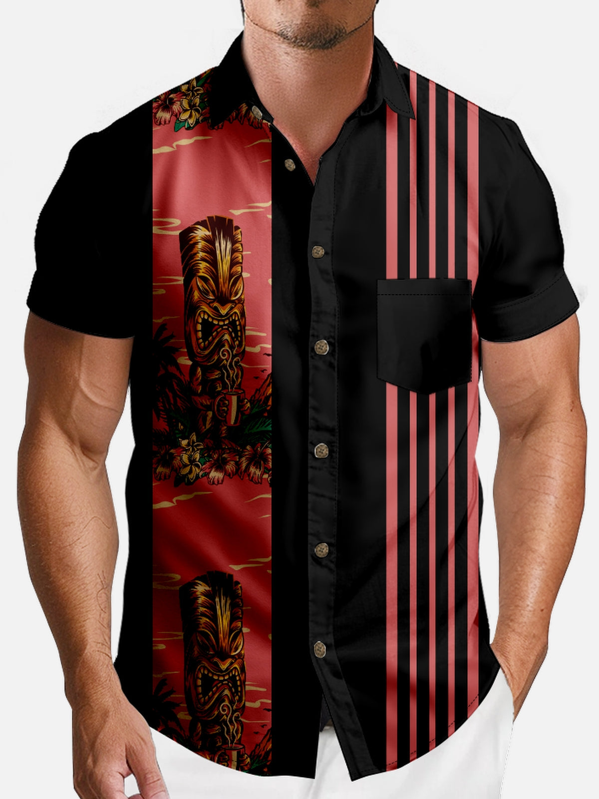 Men's Tiki Pink Stripe Short Sleeve Shirt Eleven Oasis