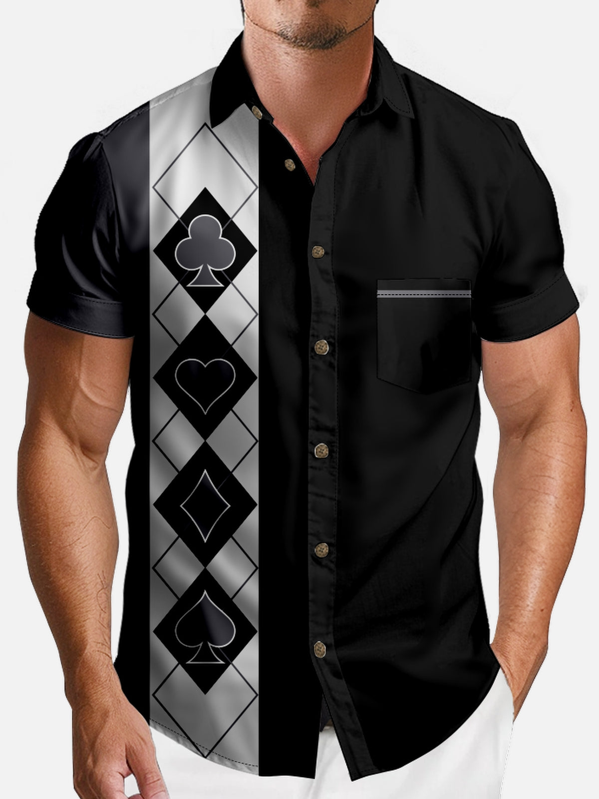 Men's Playing Card Button Short Sleeve Shirt Eleven Oasis