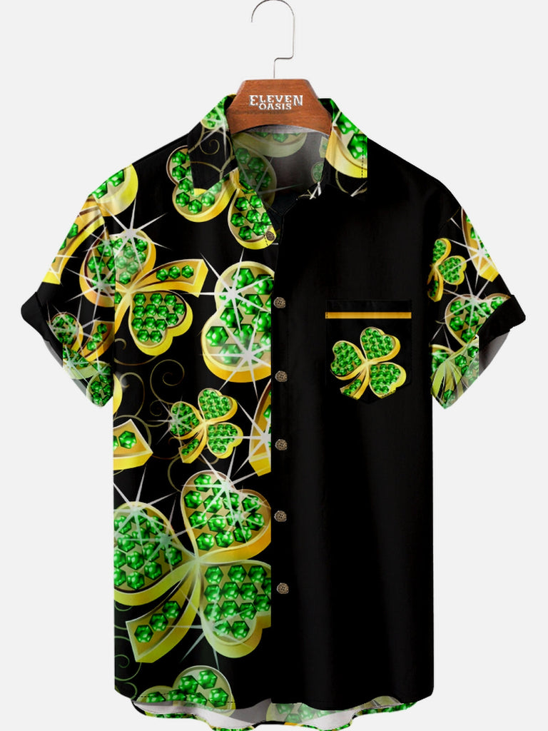 Men's St. Patrick's Day Jeweled Clover Short Sleeve Shirt Eleven Oasis