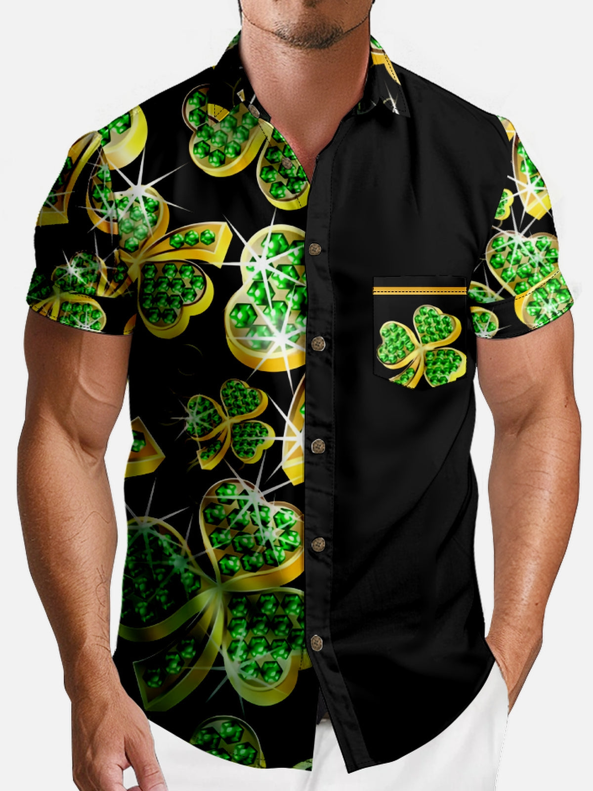 Men's St. Patrick's Day Jeweled Clover Short Sleeve Shirt Eleven Oasis