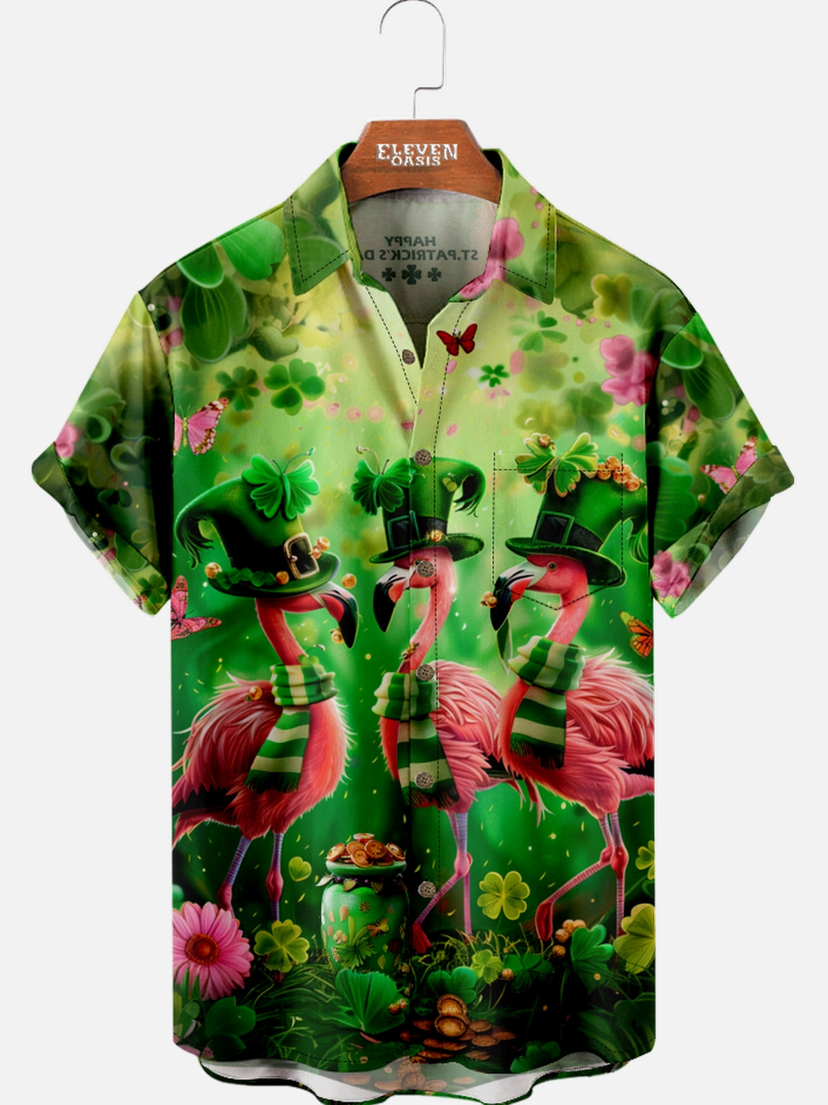Men's St. Patrick's Day Flamingo and Clover Short Sleeve Shirt Eleven Oasis