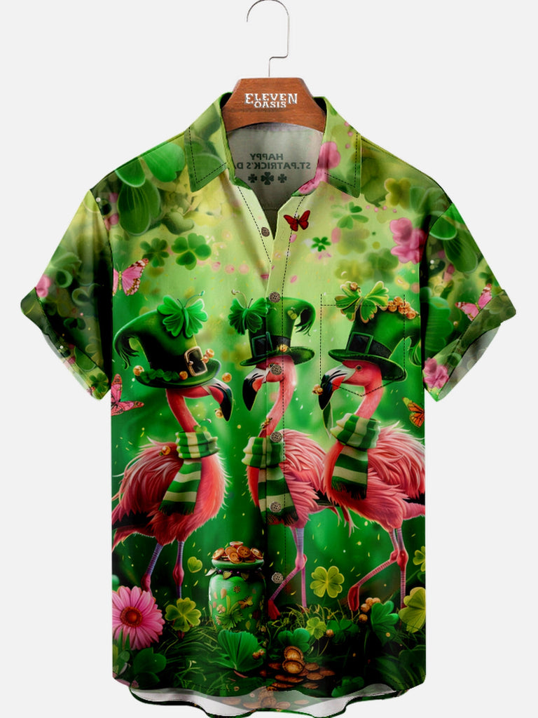 Men's St. Patrick's Day Flamingo and Clover Short Sleeve Shirt Eleven Oasis