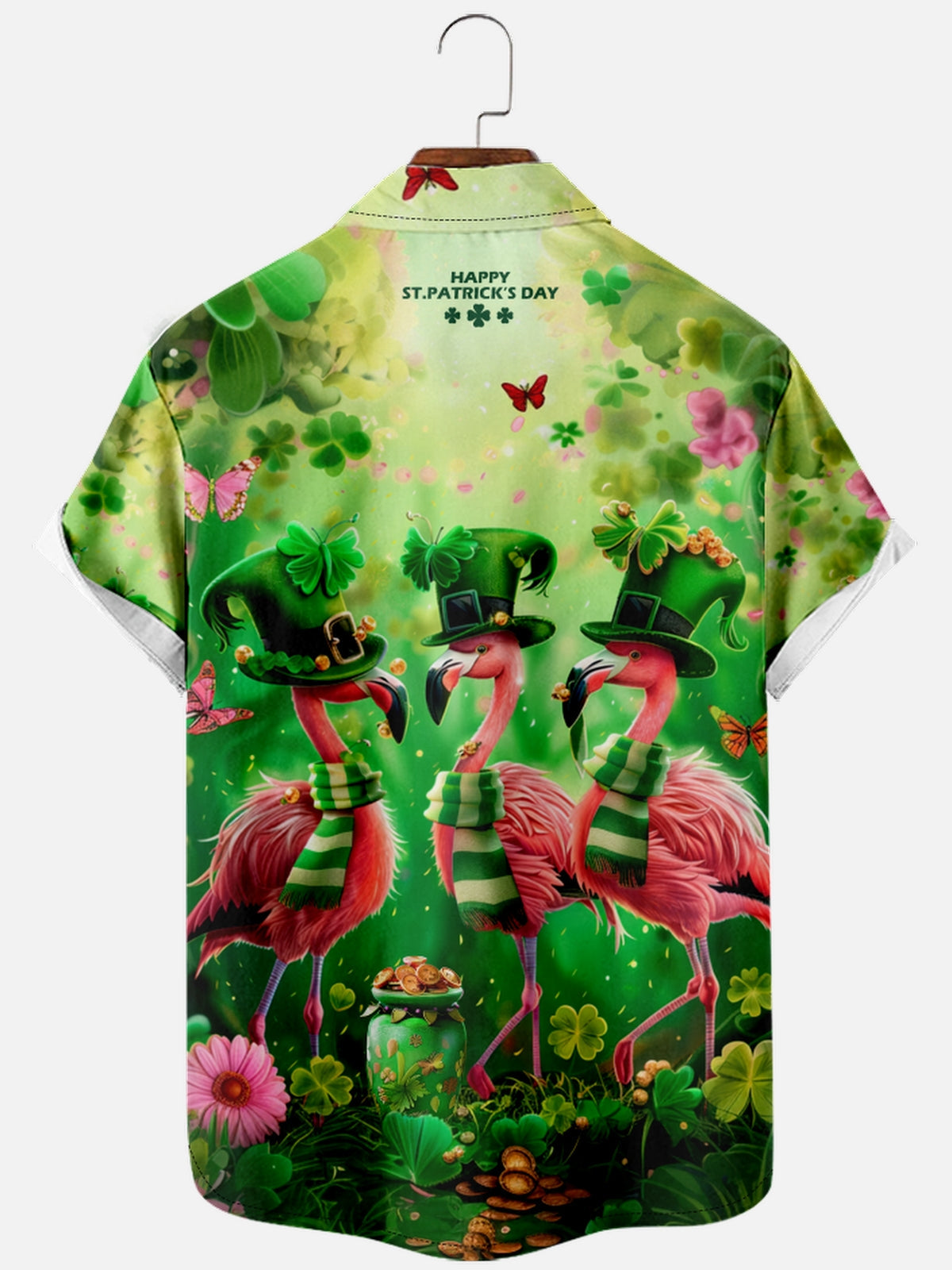 Men's St. Patrick's Day Flamingo and Clover Short Sleeve Shirt Eleven Oasis