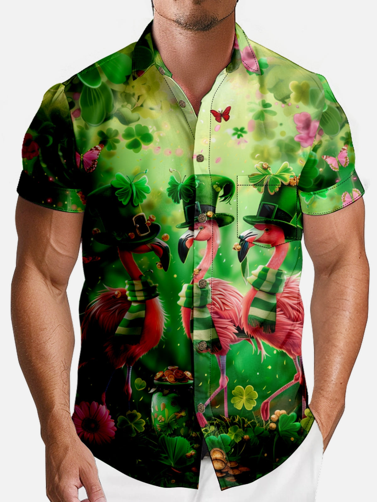 Men's St. Patrick's Day Flamingo and Clover Short Sleeve Shirt Eleven Oasis