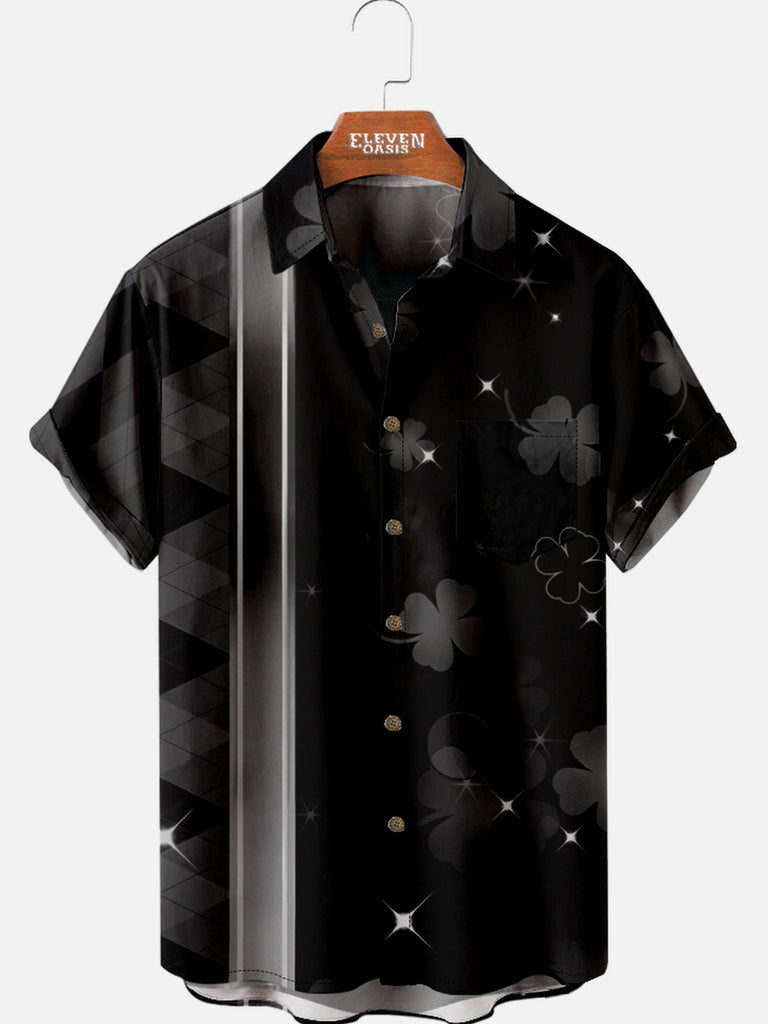 Men's St. Patrick's Day Clover Stripe Black Short Sleeve Shirt Eleven Oasis