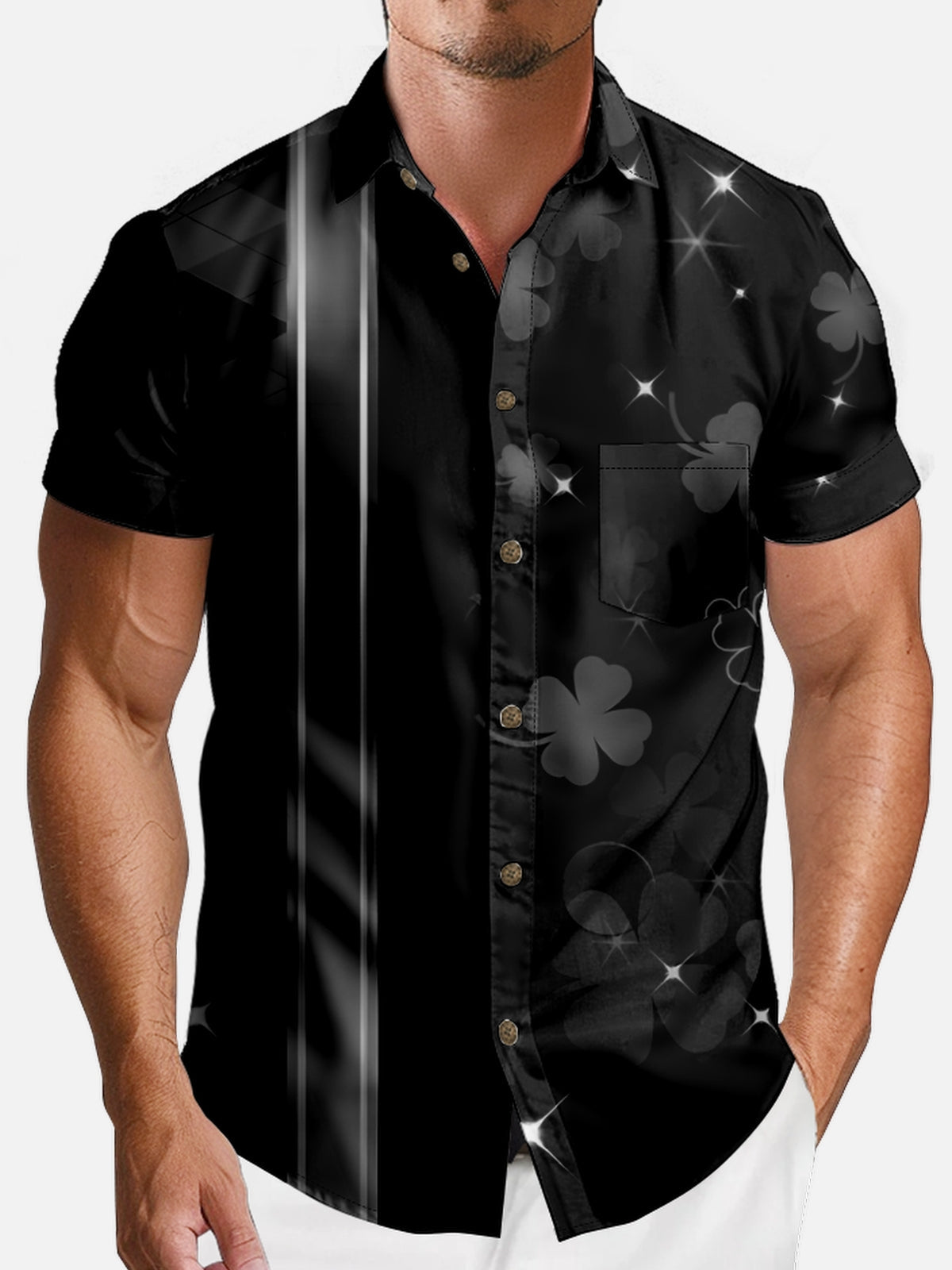 Men's St. Patrick's Day Clover Stripe Black Short Sleeve Shirt Eleven Oasis