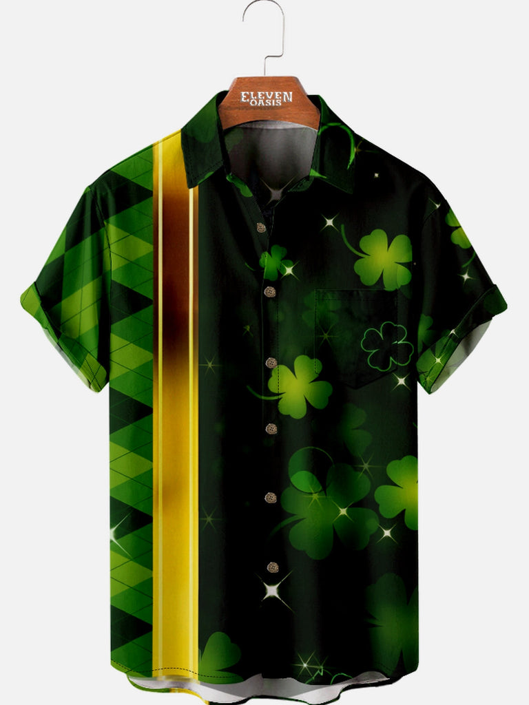 Men's St. Patrick's Day Green Clover and Gold Stripes Short Sleeve Shirt Eleven Oasis