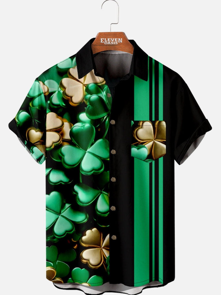 Men's St. Patrick's Day Green And Golden Clover Stripe Short Sleeve Shirt Eleven Oasis