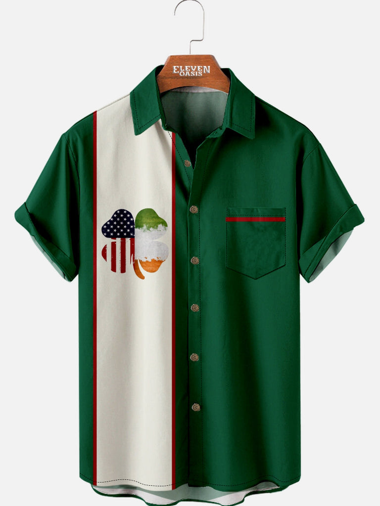 Men's St. Patrick's Day Clover with Irish and American Flags Short Sleeve Shirt Eleven Oasis