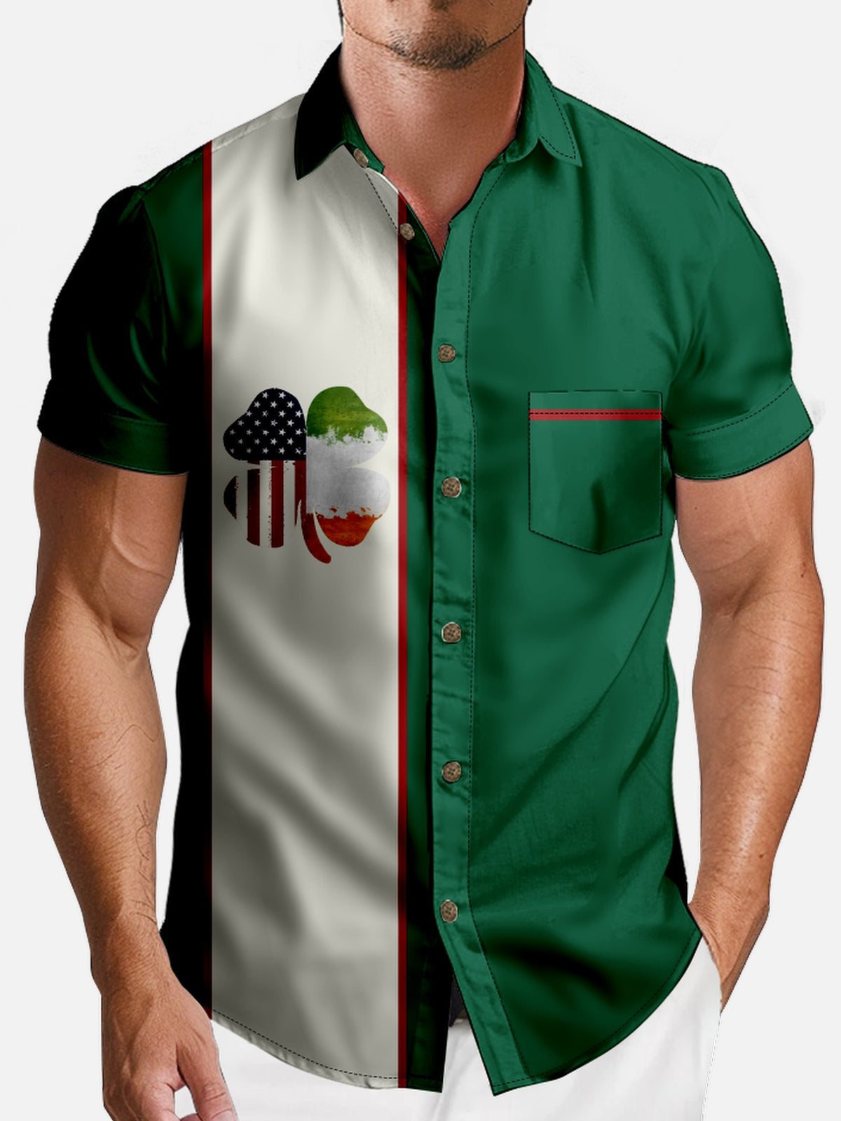 Men's St. Patrick's Day Clover with Irish and American Flags Short Sleeve Shirt Eleven Oasis
