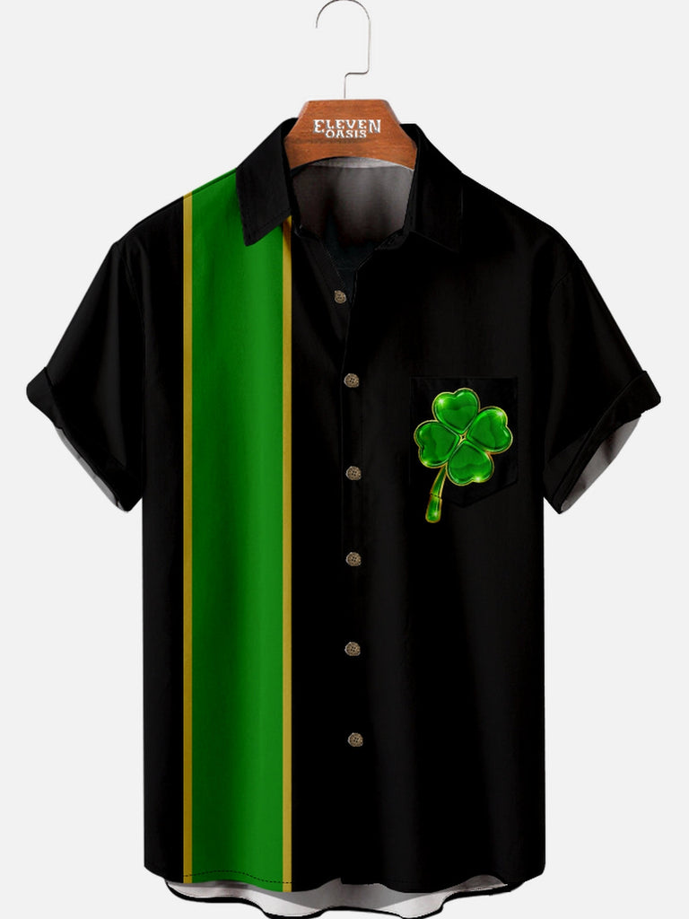 Men's St. Patrick's Day Clover Green Stripe Short Sleeve Shirt Eleven Oasis