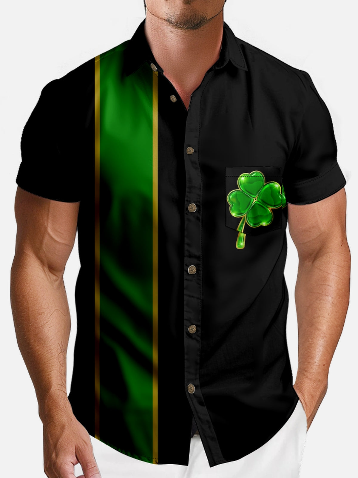Men's St. Patrick's Day Clover Green Stripe Short Sleeve Shirt Eleven Oasis