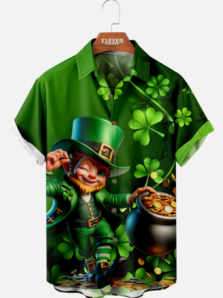 Men's St. Patrick's Day Leprechaun and Gold Pot Short Sleeve Shirt Eleven Oasis