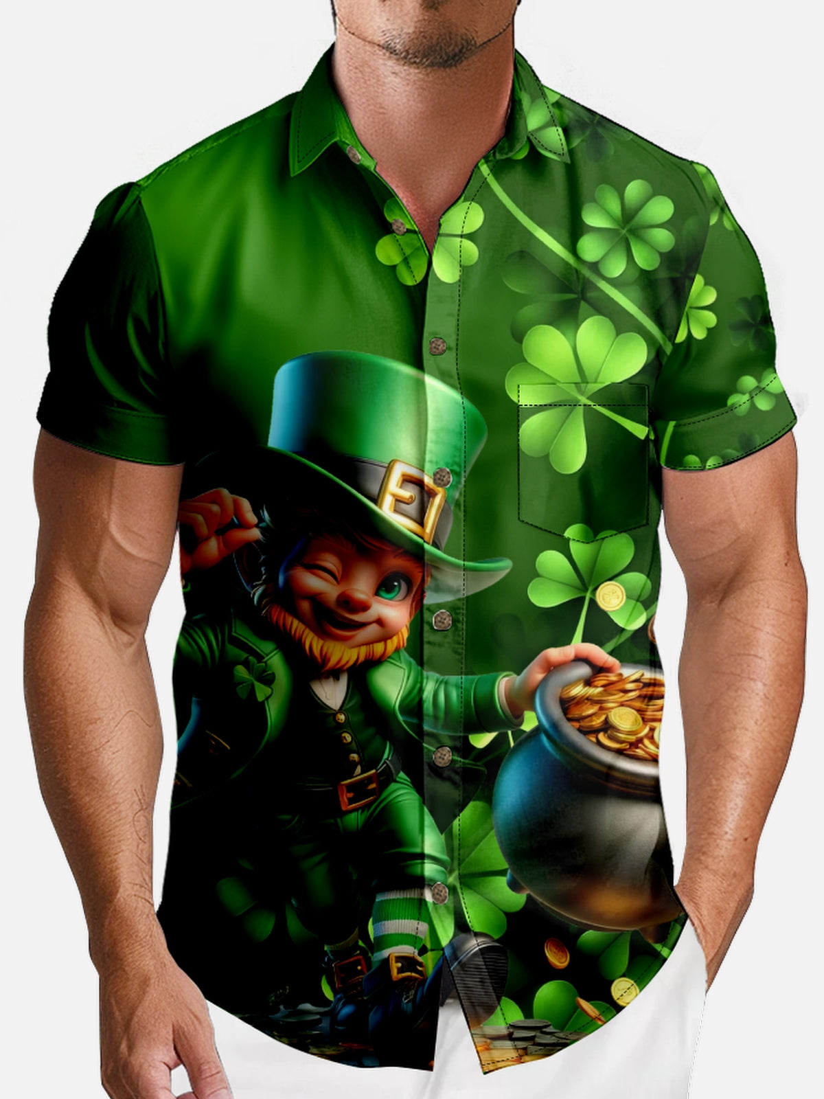 Men's St. Patrick's Day Leprechaun and Gold Pot Short Sleeve Shirt Eleven Oasis